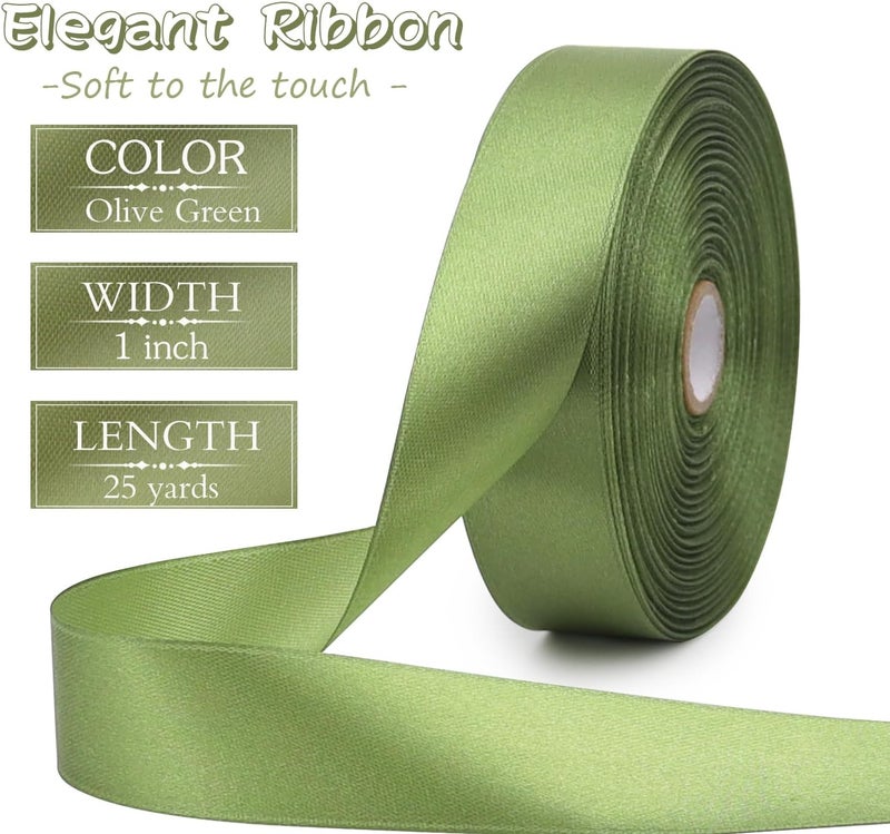 Riunbb Olive Green Solid Satin Ribbon 1 Inch 50 Yards Solid Polyester Fabric Ribbon for Gift Wrapping Wedding Christmas Baby Shower Birthday Party Decoration Handmade Immortal Flower Craft - Image 2